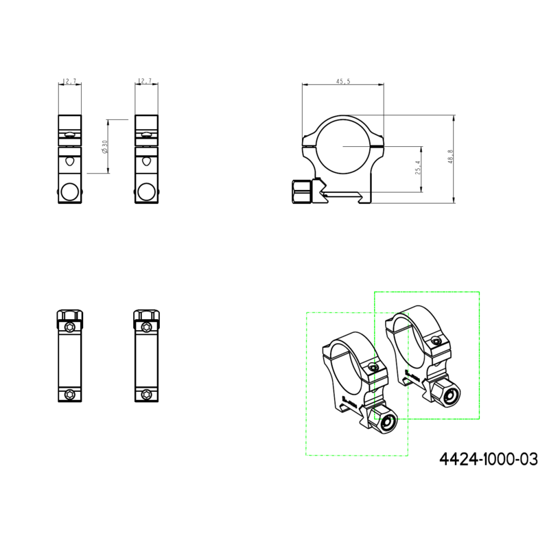 30 mm távcső szerelékek | Picatinny alap csavaranyával 